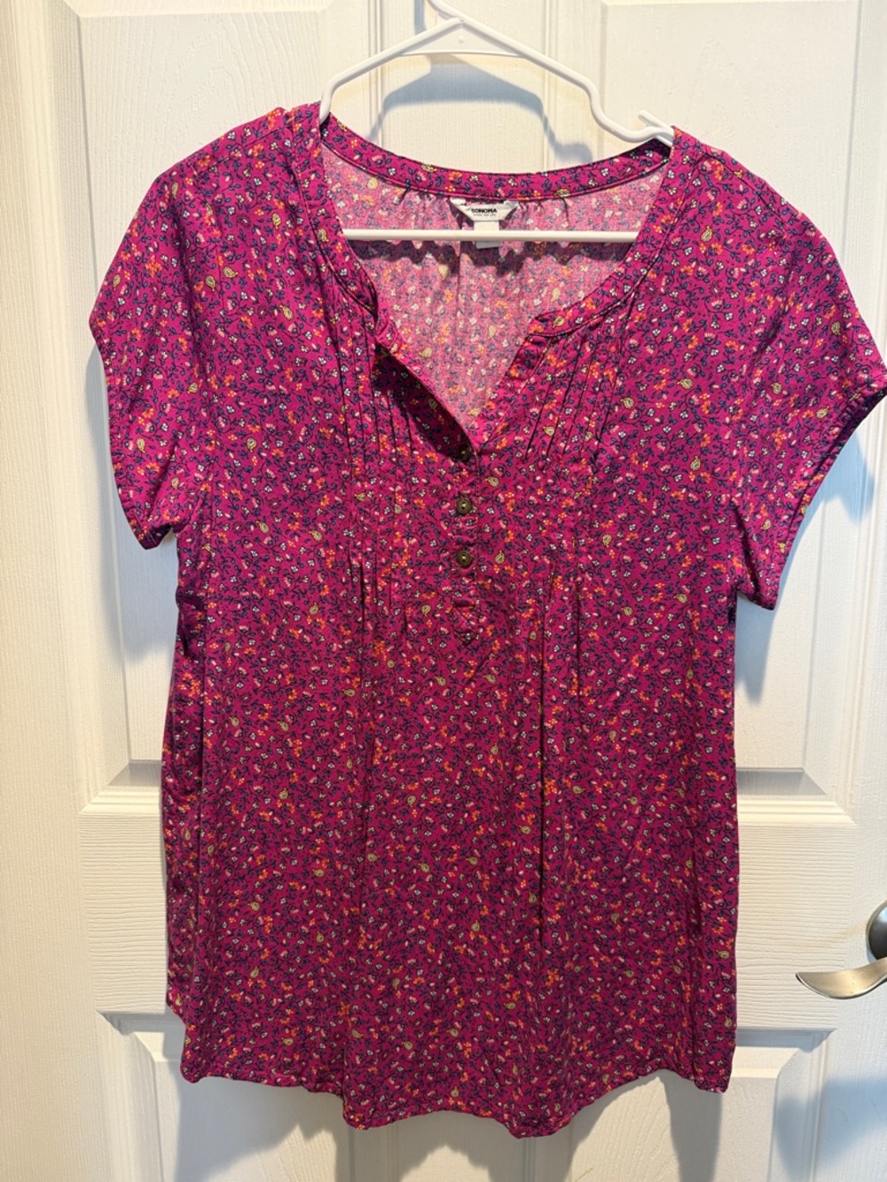 Sonoma Magenta Floral Short-Sleeve V-Neck Blouse